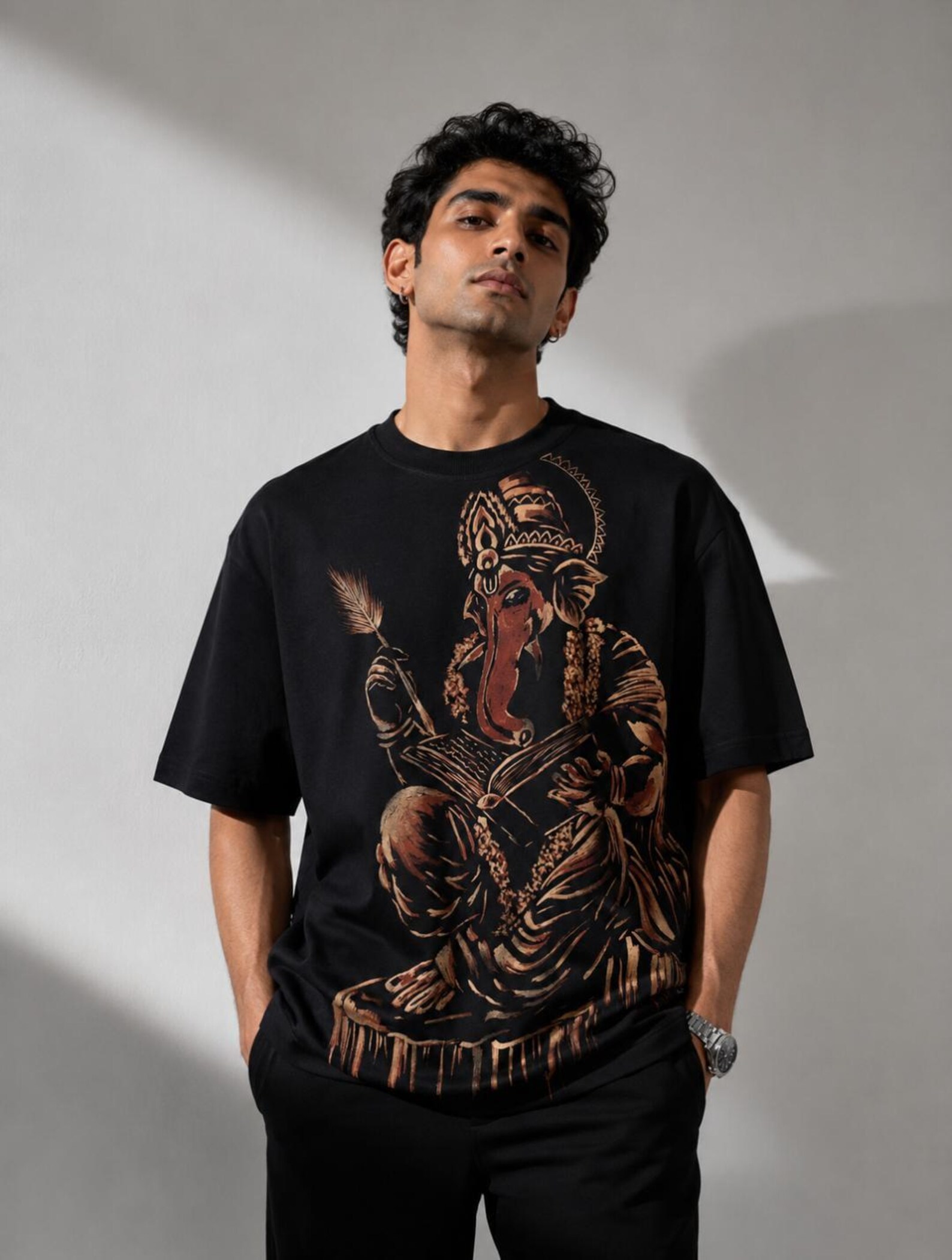 Unisex Oversized Black Tee | Hand Bleach Art T-Shirt | Lord Ganesha Graphic Tee | Indian Spiritual Streetwear | Artistic Cotton Shirt